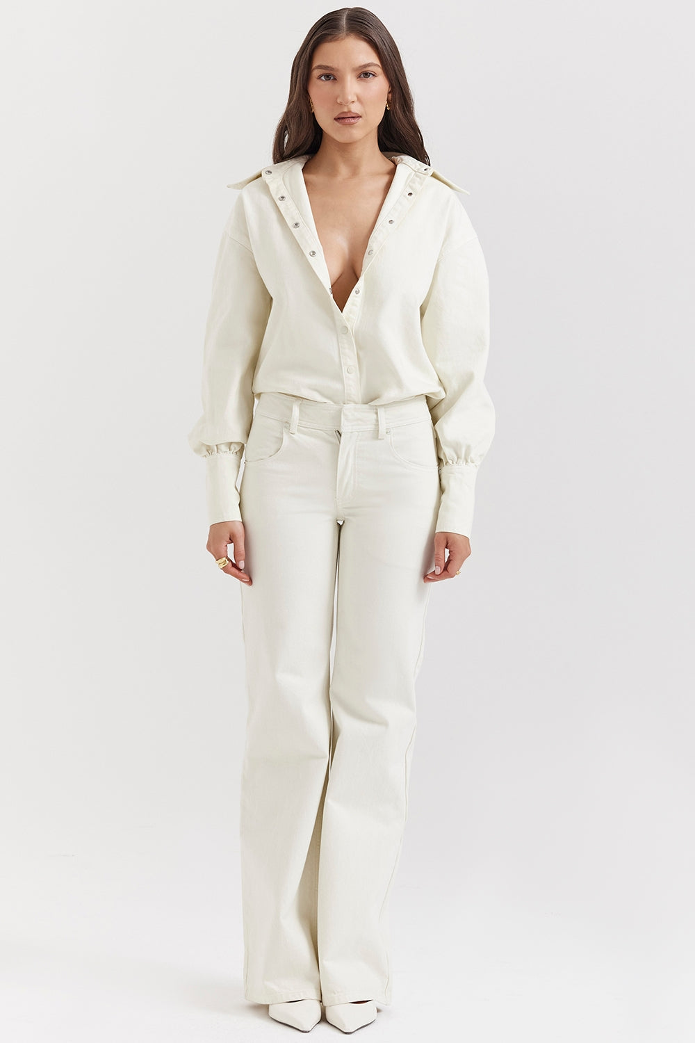 Marli-Ivory Wide Leg Flared Jeans