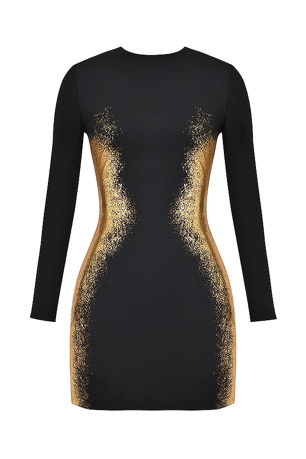 Domenica-Black & Gold Foil Print Mini Dress