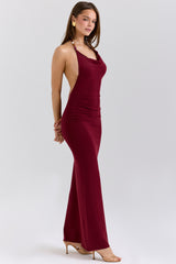 Thalina-Wine Draped Halter Neck Knit Maxi Dress