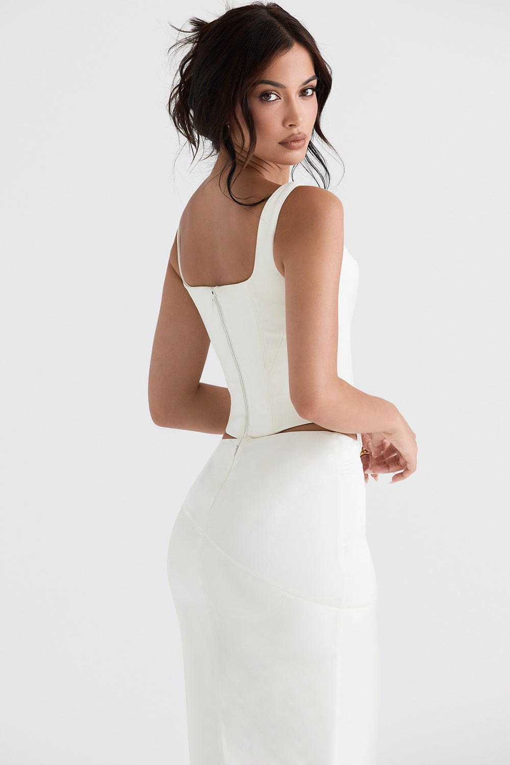 Rafa-Ivory Satin Longline Corset