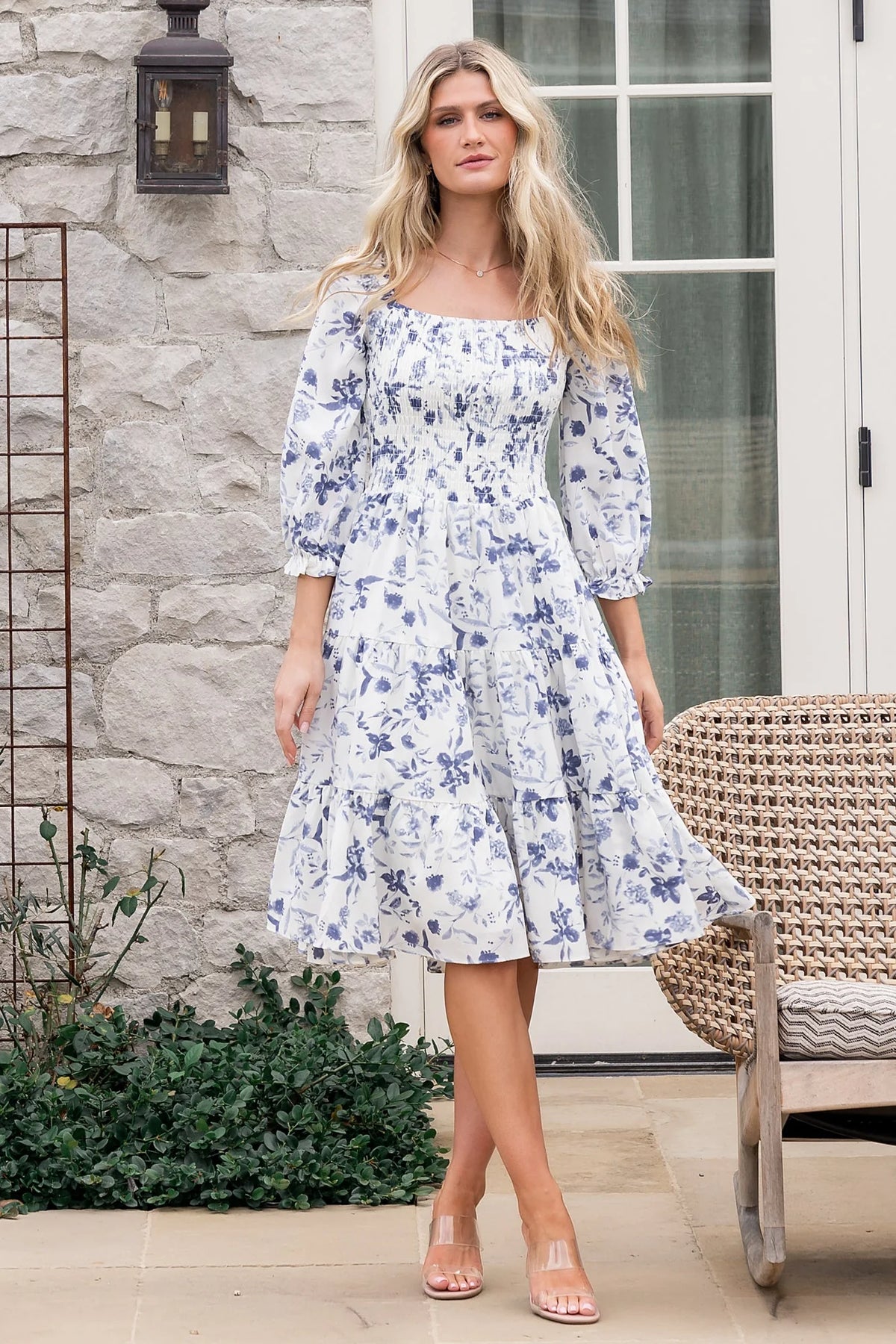 Marta Smocked Midi Dress | White + Blue