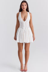 Sarita-White Cotton Broderie Anglais Plunge Mini Dress