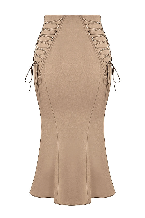 Sidonie-Latte Satin Lace Up Midi Skirt