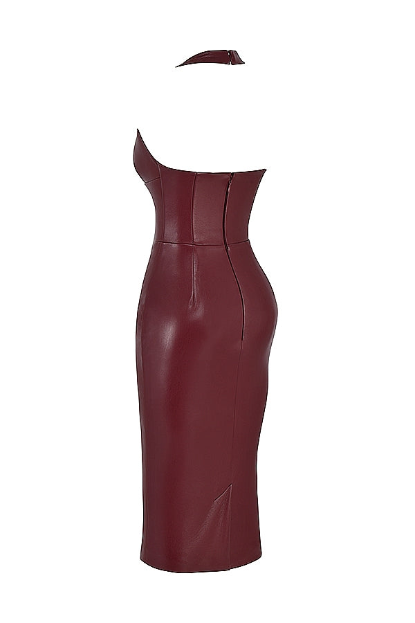 Jaquetta-Wine Vegan Leather Midi Dress