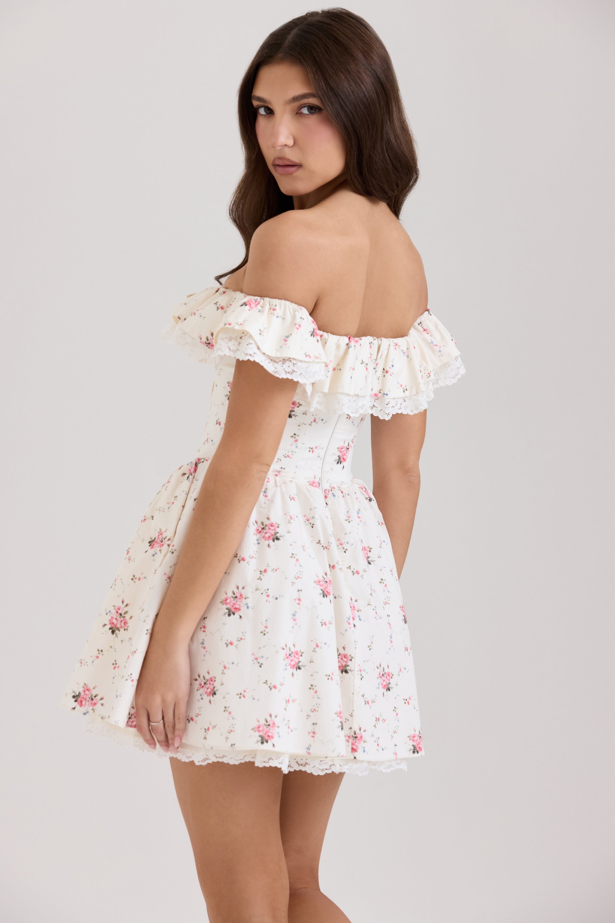 Jaide-Stretch Cotton Floral Print Off Shoulder Corset Mini Dress