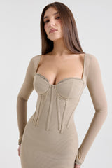 Saisha-Beige Mesh Long Sleeve Bodycon Midi Dress