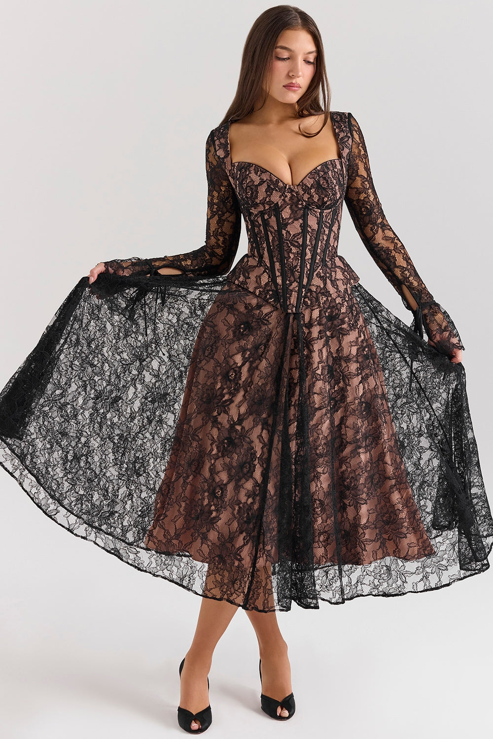 Raquel-Black Lace Corset Midi Dress - SALE