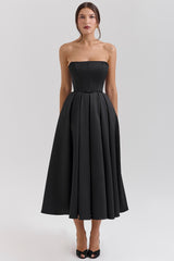 Contessa-Black Strapless Satin Corset Midi Dress - SALE
