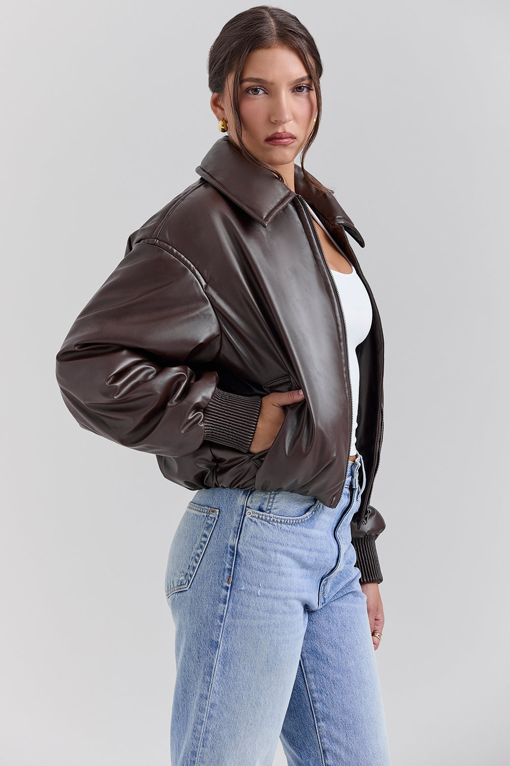 Sante-Dark Brown Vegan Leather Bomber Jacket