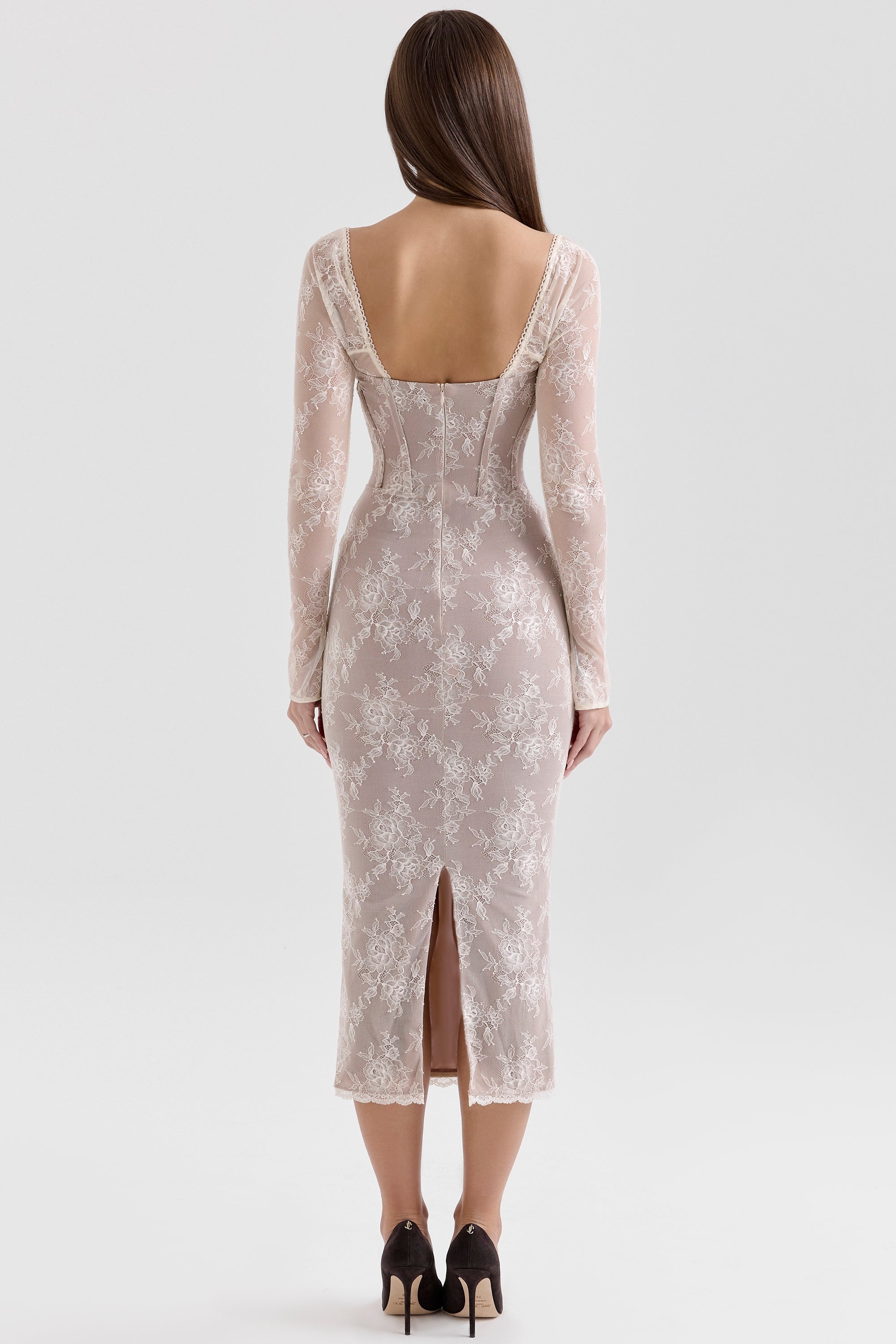 Saisha-Ivory Lace Long Sleeve Midi Dress