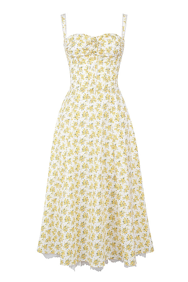 Rosalee-White Vintage Floral Print Cotton Bustier Sundress
