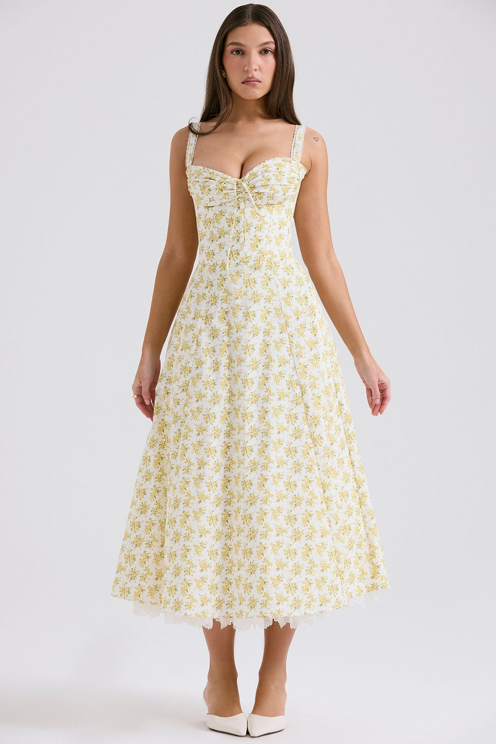 Rosalee-White Vintage Floral Print Cotton Bustier Sundress