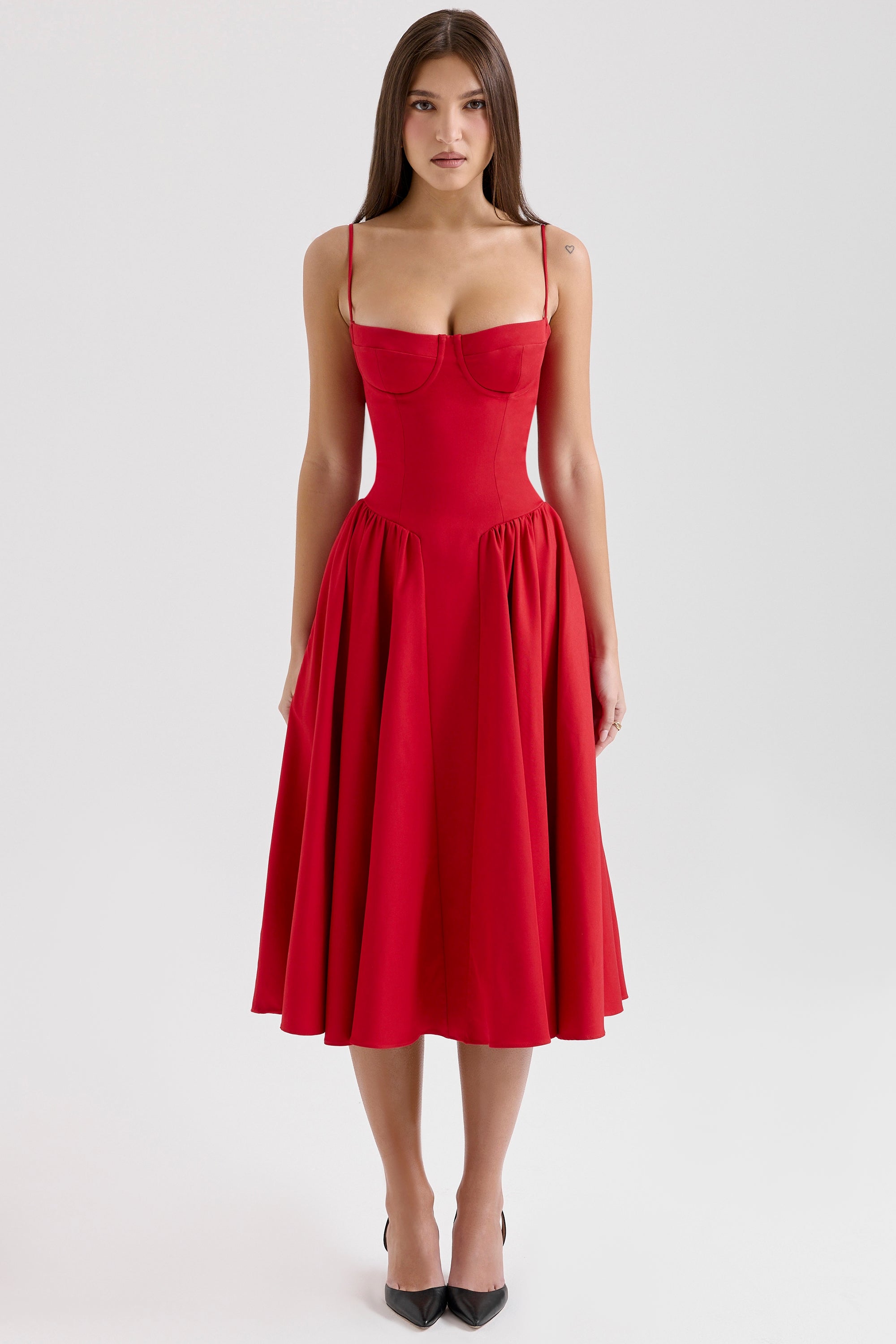Samaria-Red Gathered Midi Dress