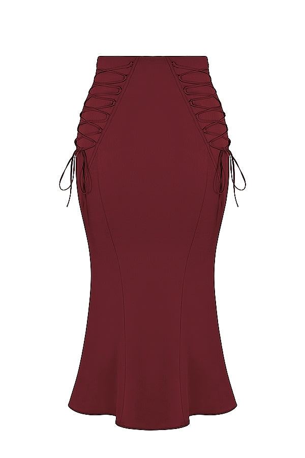 Sidonie-Wine Satin Lace Up Midi Skirt