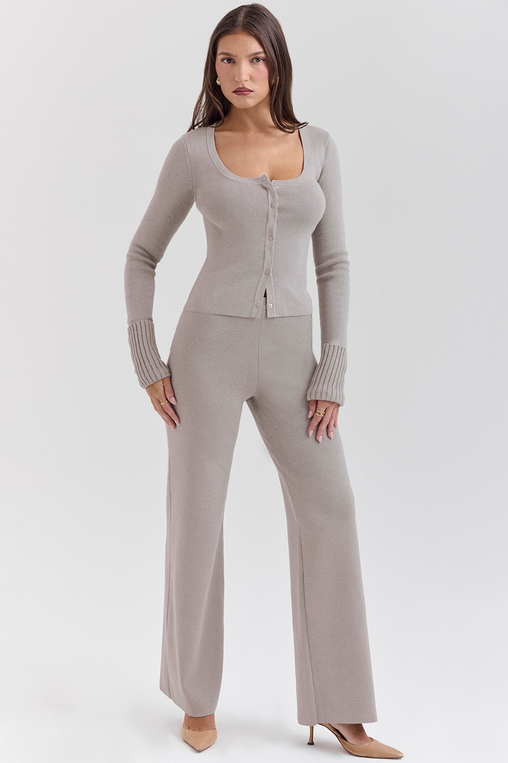 Aspen-Grey Cashmere Ribbed Cuff Cardigan