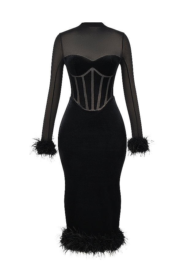 Lianna-Black Velvet Midi Dress