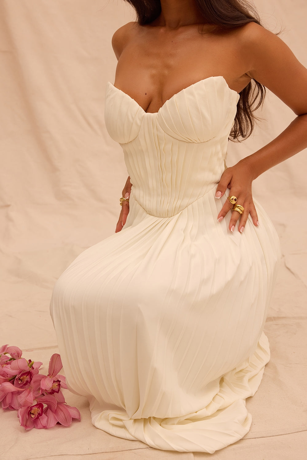 Amorata-Ivory Pleated Maxi Dress