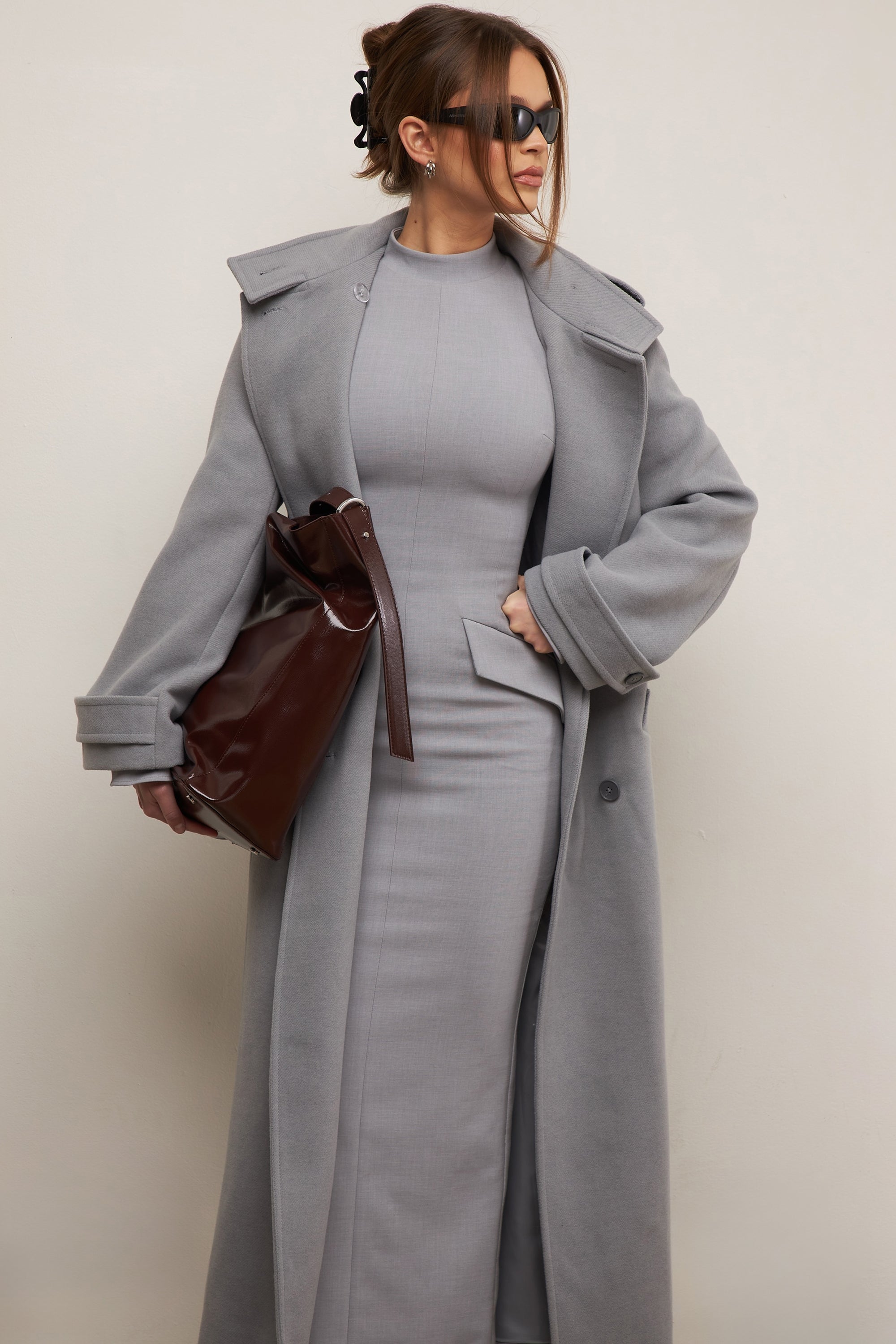 Sander-Grey Double Breasted Funnel Neck Coat