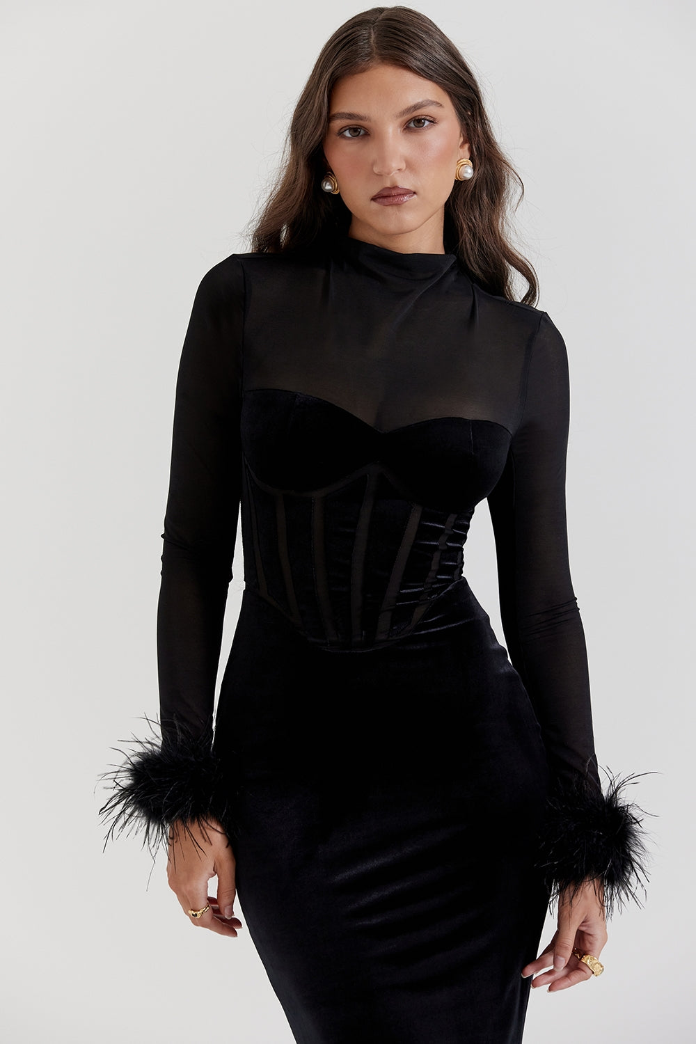 Lianna-Black Velvet Midi Dress