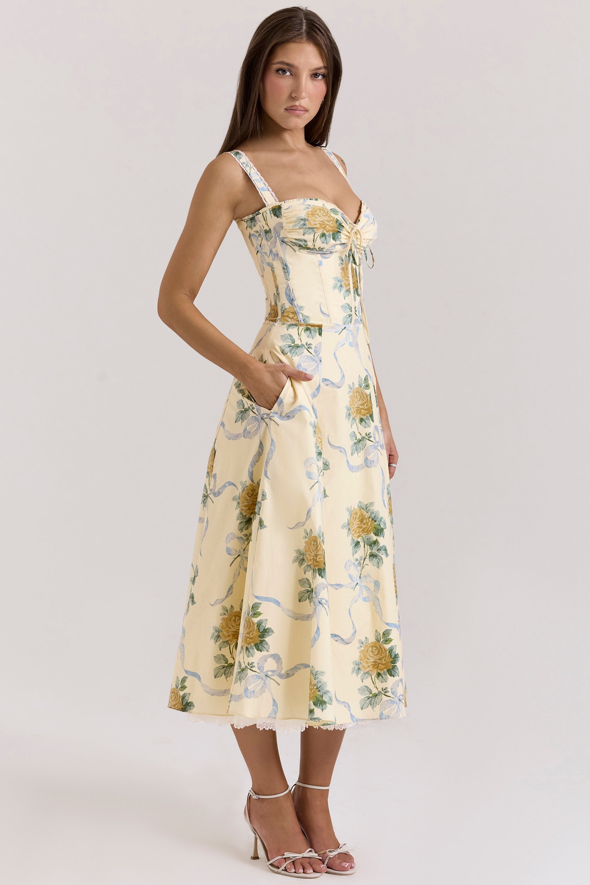 Rosalee-Lemon Vintage Ribbon Print Cotton Midi Dress