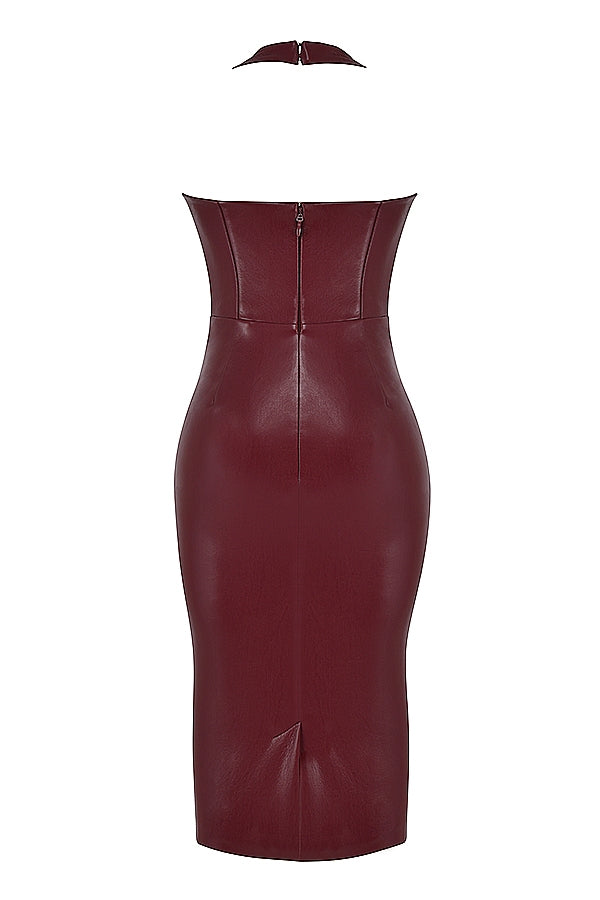 Jaquetta-Wine Vegan Leather Midi Dress