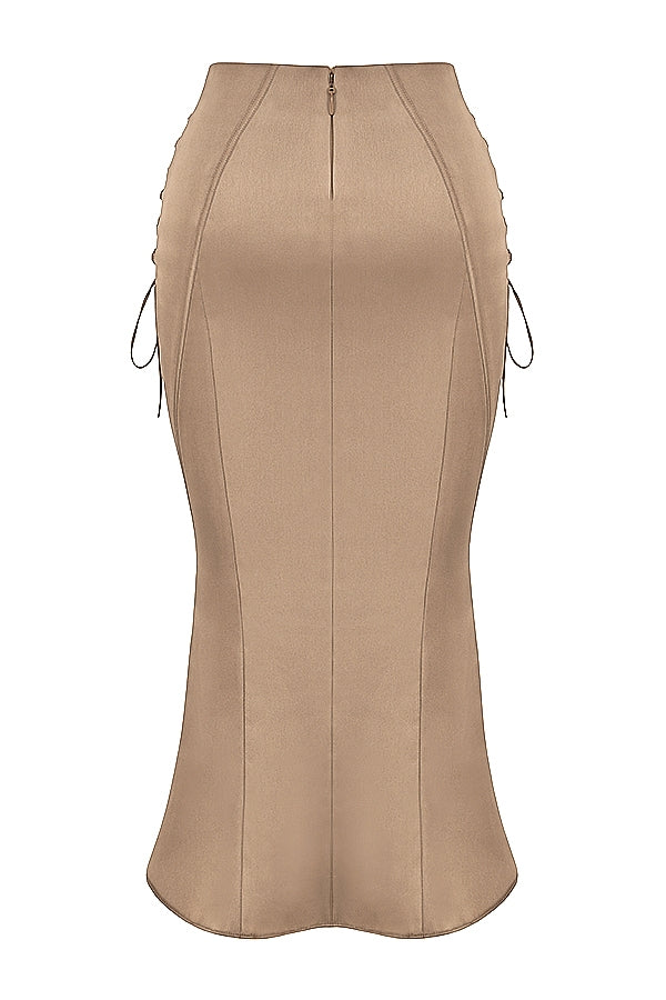 Sidonie-Latte Satin Lace Up Midi Skirt