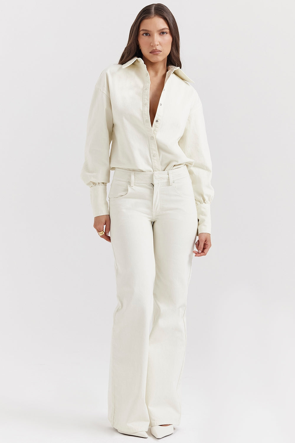 Marli-Ivory Wide Leg Flared Jeans