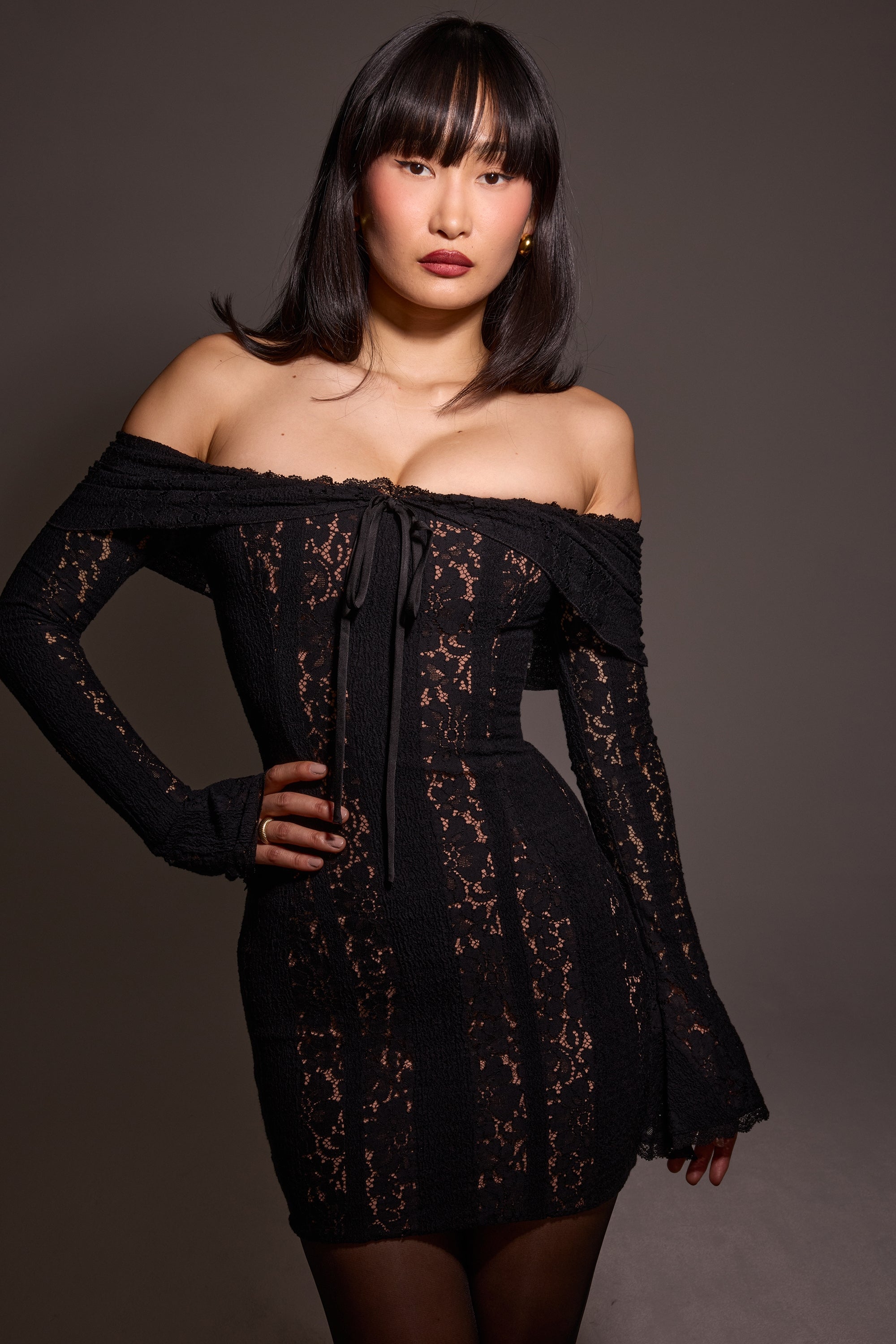 Sadie-Black Floral Lace Off Shoulder Mini Dress