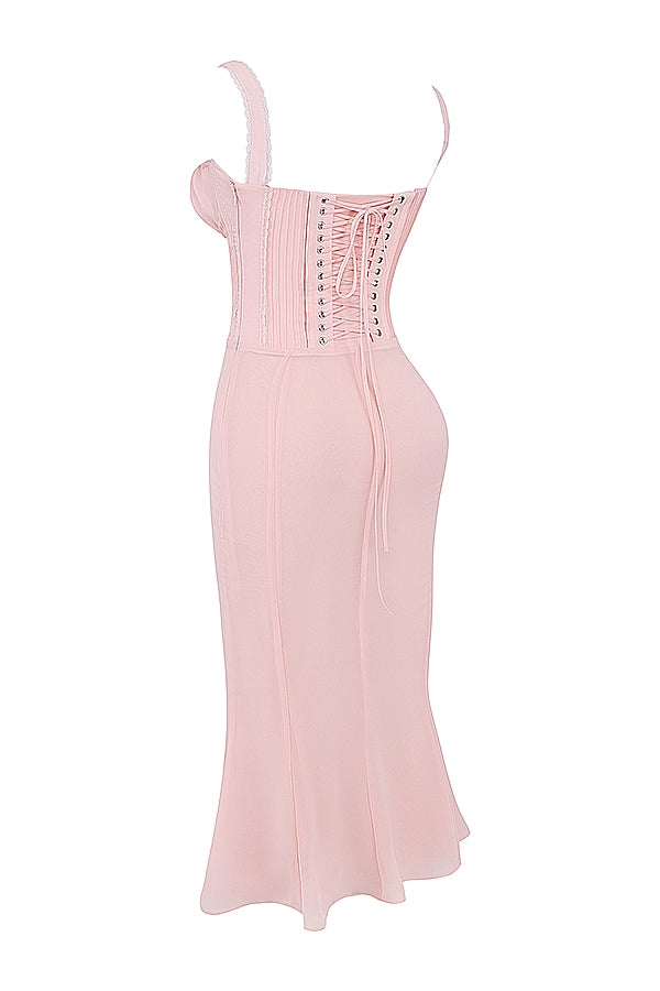 Syrah-Soft Peach Lace Back Midi Dress