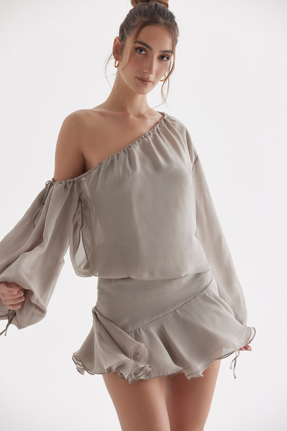 Wilhelmina-Ash Green Off Shoulder Dress