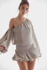 Wilhelmina-Ash Green Off Shoulder Dress