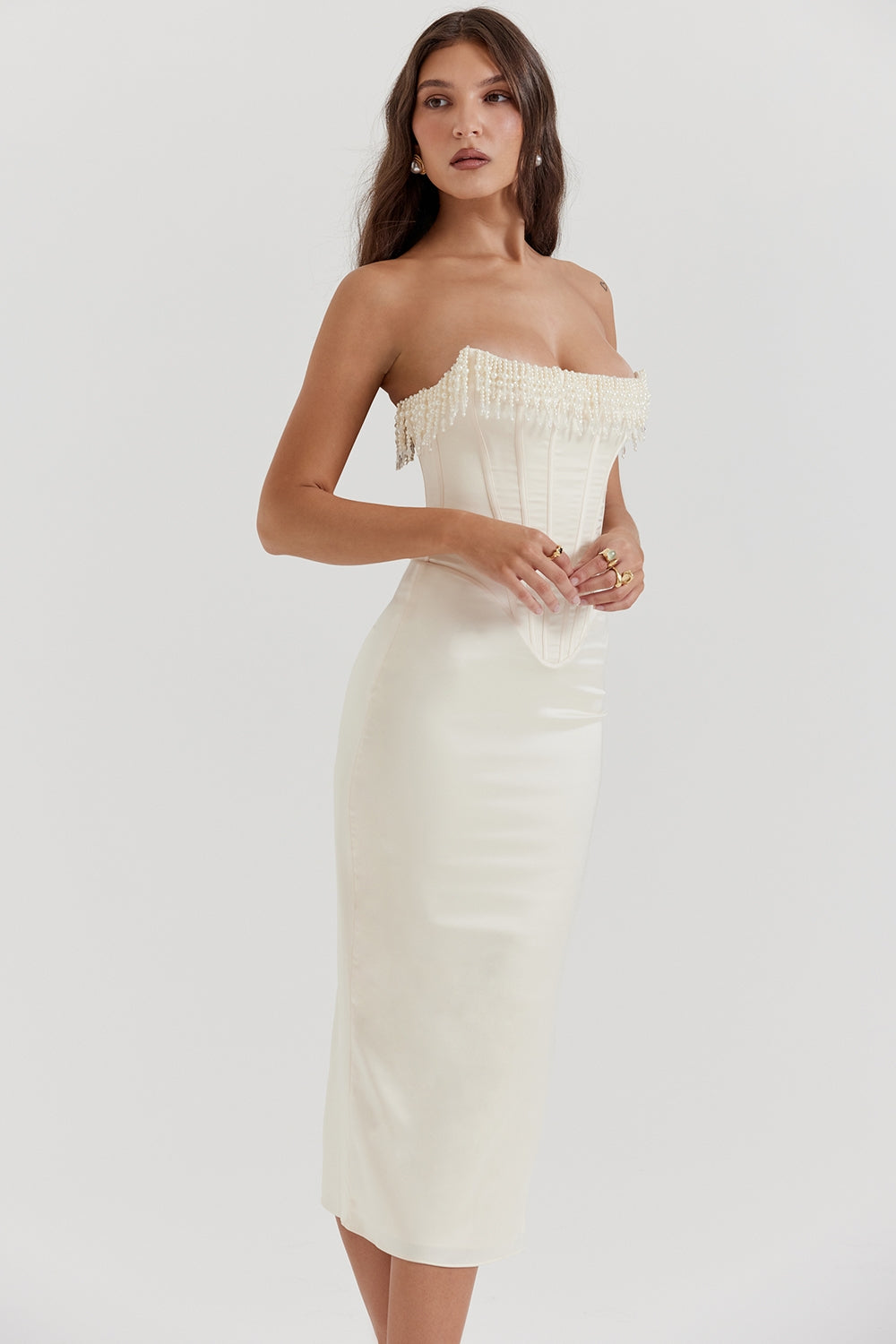 Nalita-Vintage Cream Embellished Strapless Dress