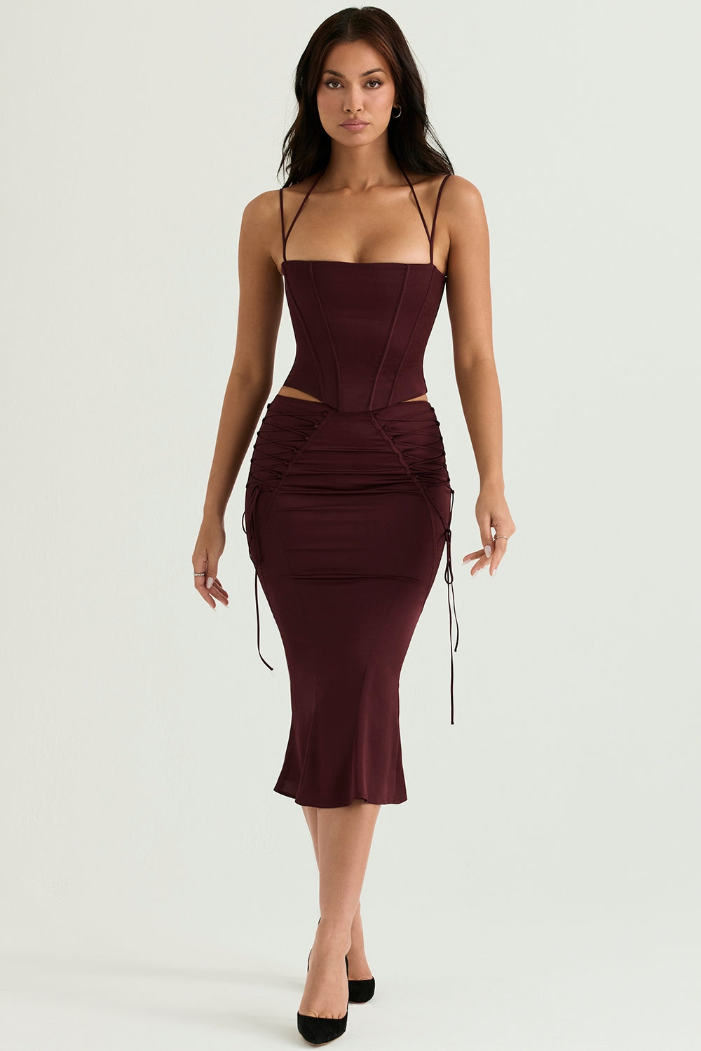 Sidonie-Wine Satin Lace Up Midi Skirt