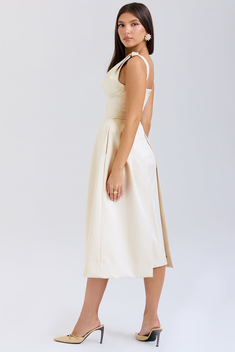 Paloma-Vintage Cream Satin Pleated Midi Dress - SALE