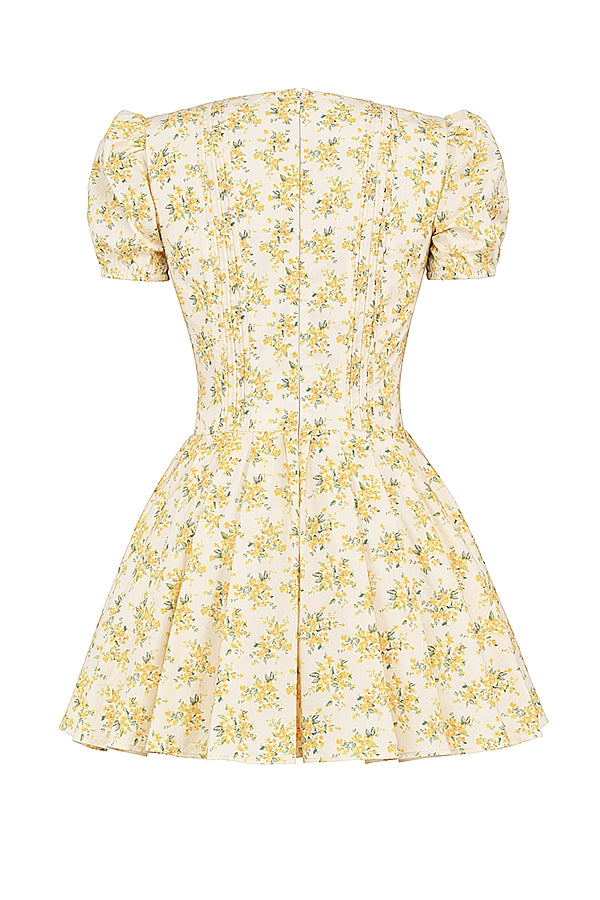 Imani-Buttercup Vintage Floral Print Pleated Cotton Mini Dress