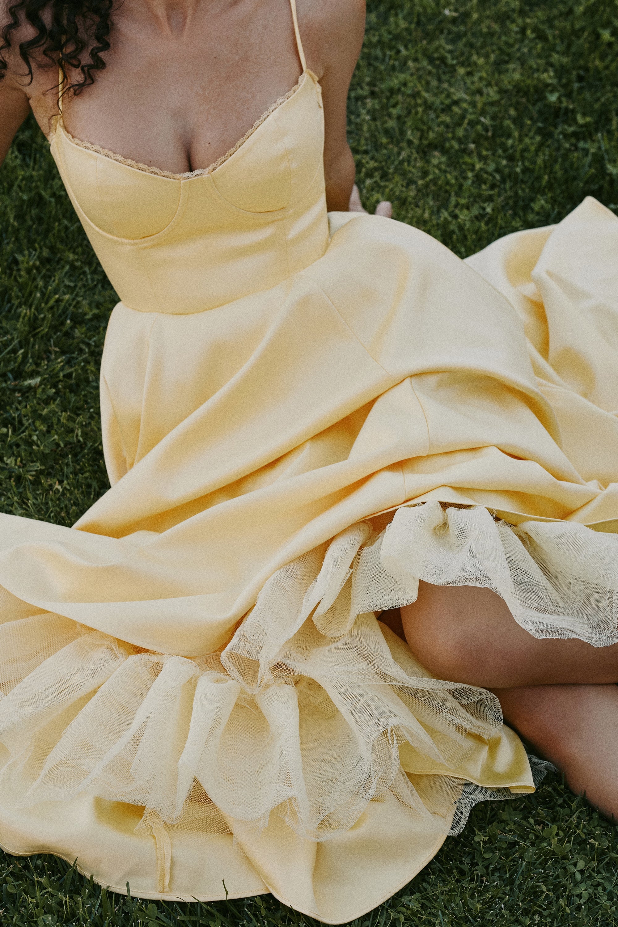 Mademoiselle-Sunshine Yellow Satin Tulle Midi Dress