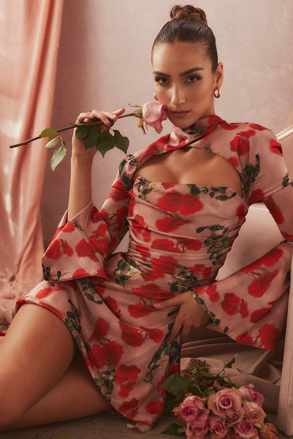 Toira-Rose Print Draped Corset Dress