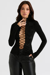 Lori-Black Crystallised Lace Up Top