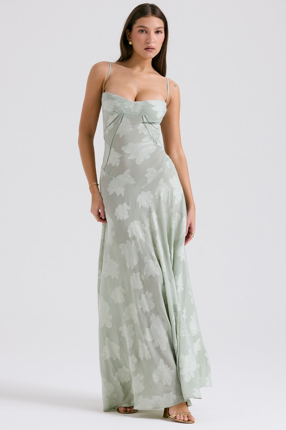 Seren-Pistachio Floral Lace Back Maxi Dress