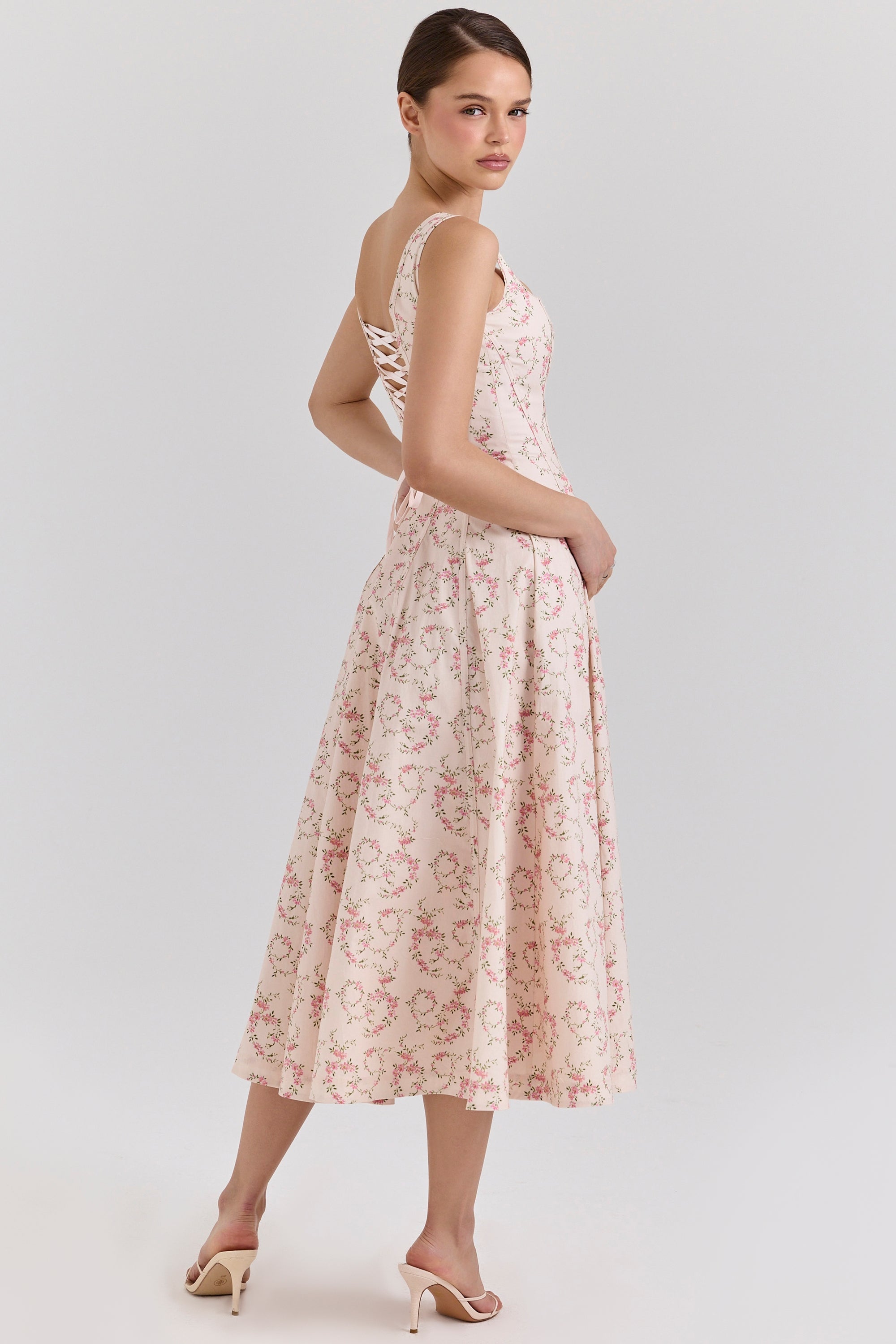 Mariabella-Cream Floral Print Cotton Midi Sun Dress