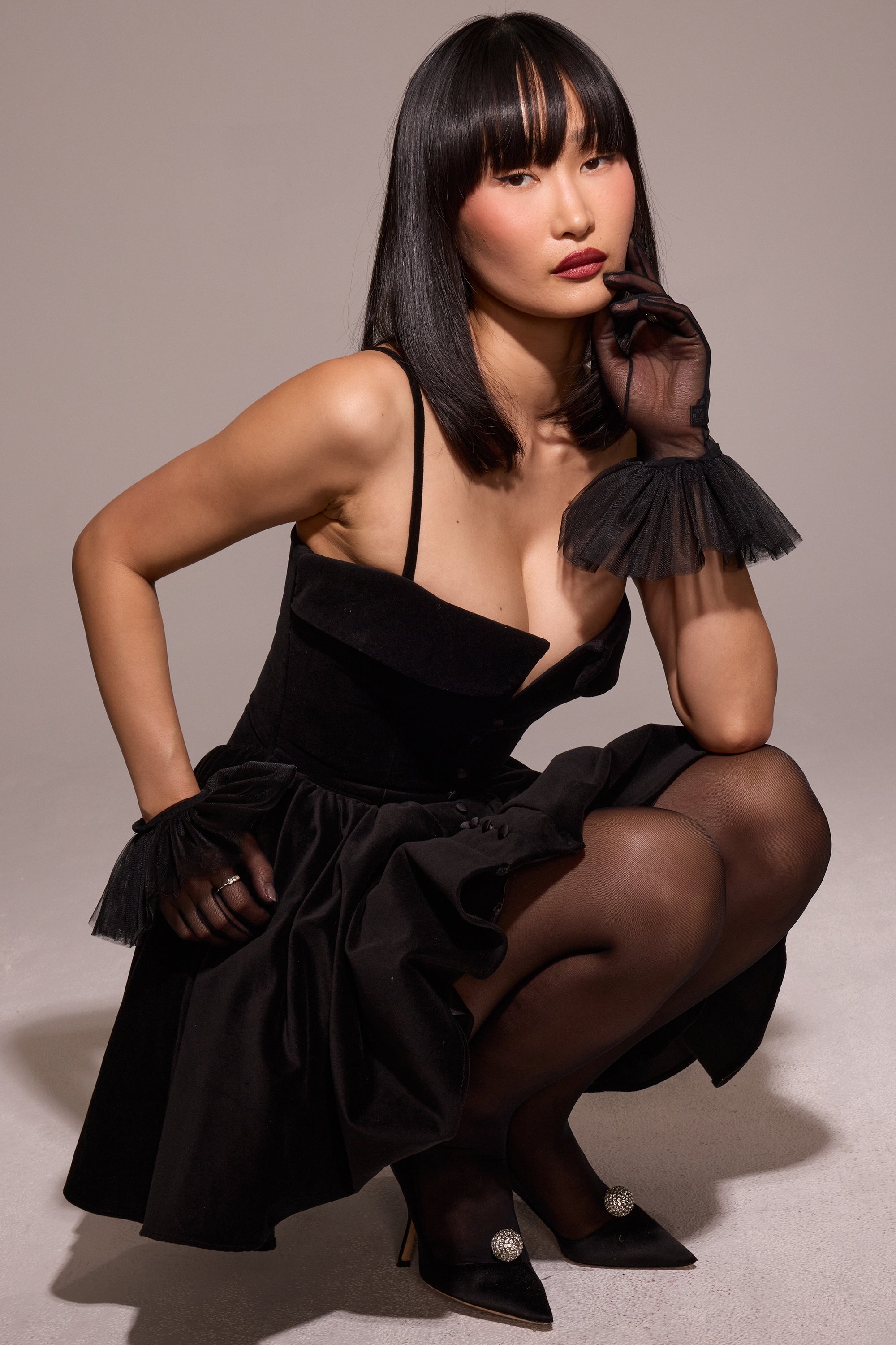 Selina-Black Velvet Tulle Mini Dress