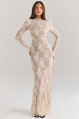 Isoline-Peach Lace Maxi Dress