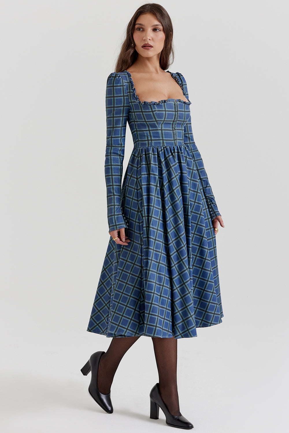 Delia-Blue Tartan Midi Dress