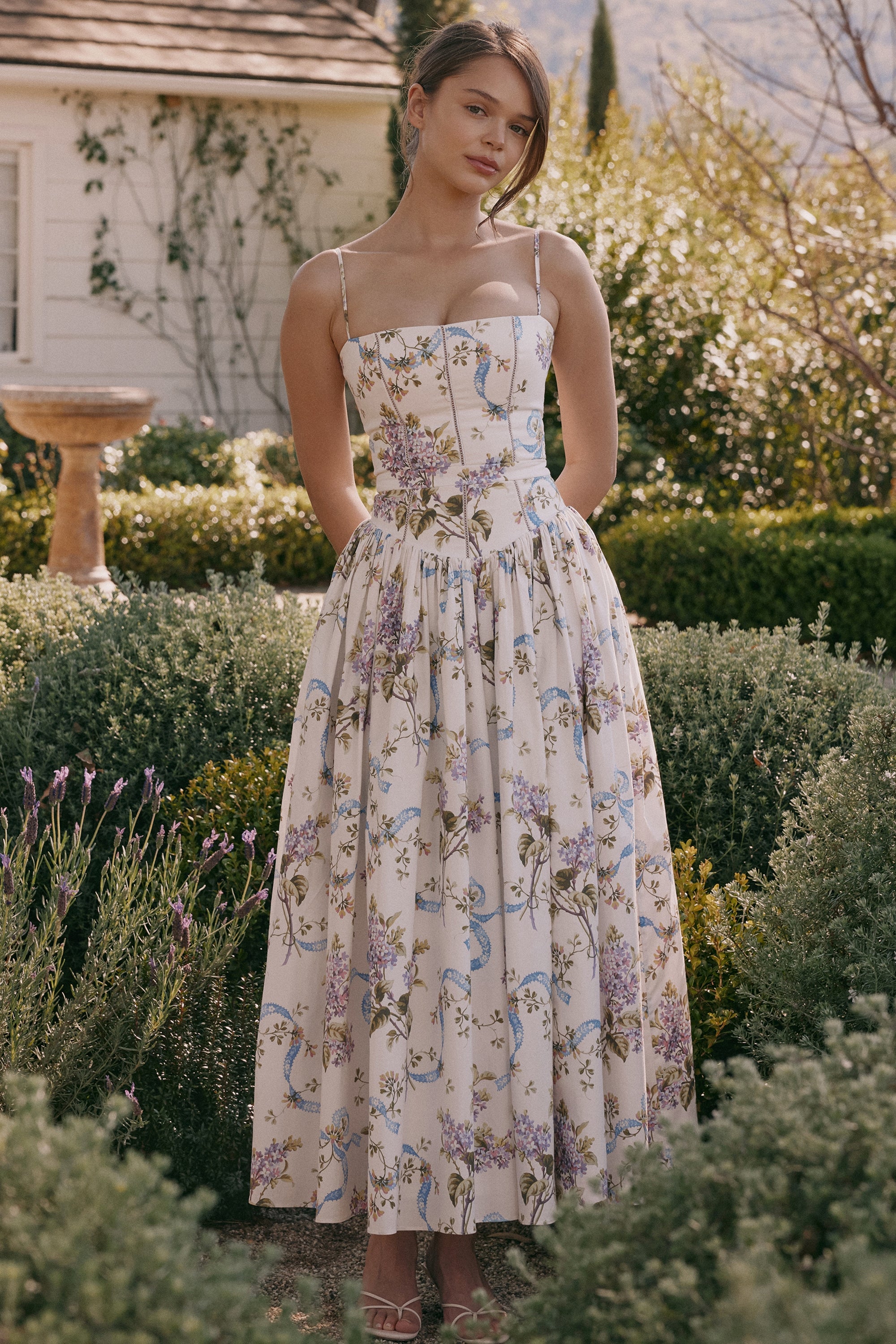 Ysabella-Off White Vintage Ribbon Print Cotton Midi Sundress