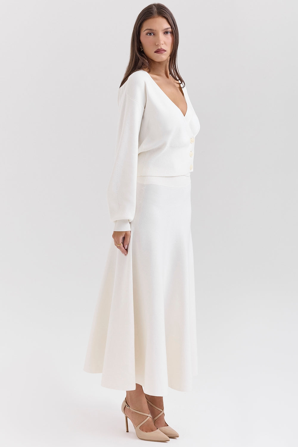 Solara-Ivory Wool Mix Flared Midi Skirt
