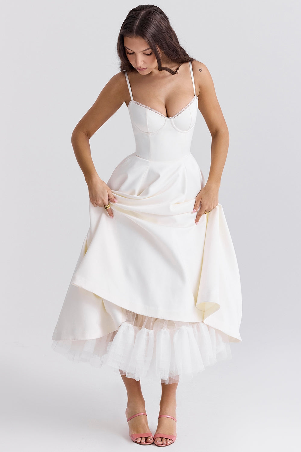Mademoiselle-White Tulle Midi Dress