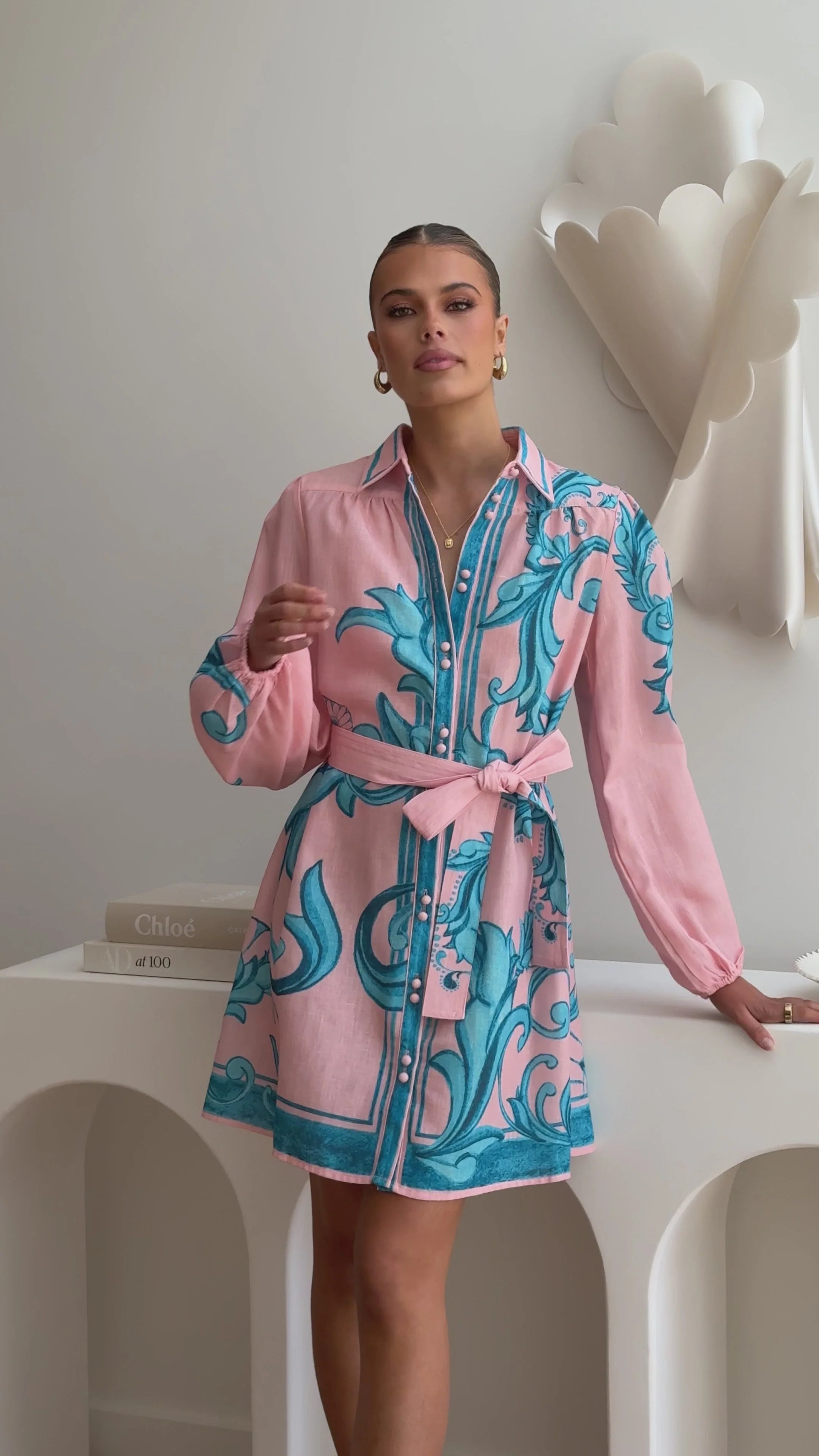 Lucia Long Sleeve Mini Dress - Aqua/Pink Print