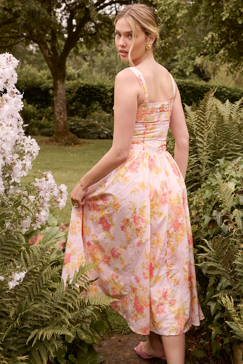 Vivien-Peach Poppy Print Cotton Midi Sundress