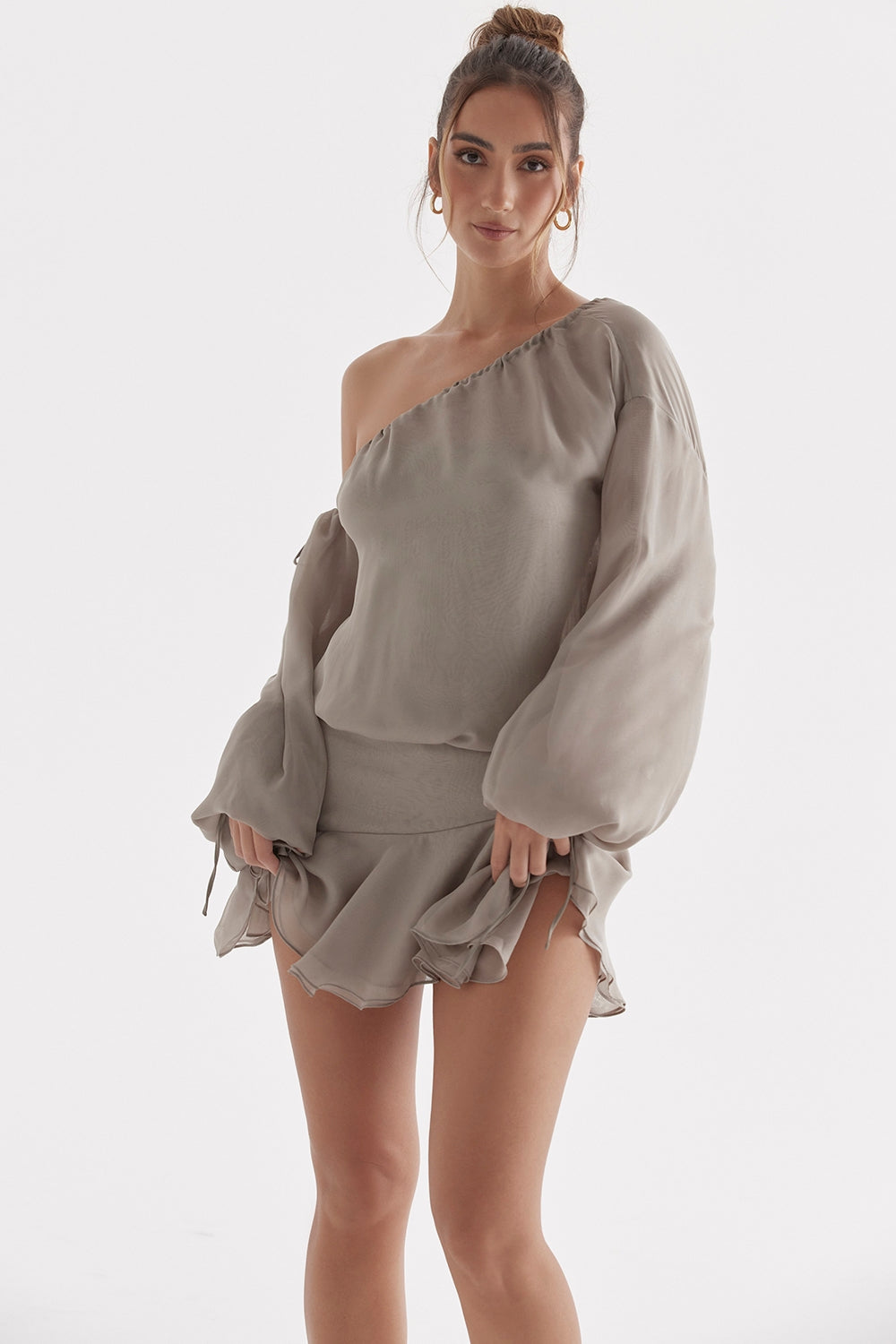 Wilhelmina-Ash Green Off Shoulder Dress