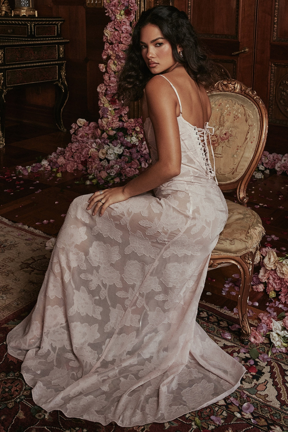 Seren-Soft Pink Floral Lace Back Maxi Dress